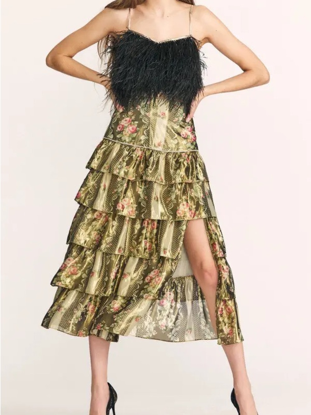 LoveShackFancy Olive Green Floral Tiered Midi Skirt with Black Feather Bodice
